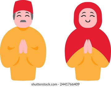 Male And Female Muslim Character In Greeting Pose - Vector Illustration Set