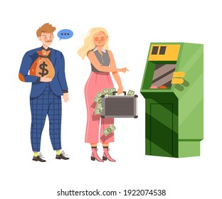 Male and Female Near Cashpoint Machine Holding Sack with Coins and Suitcase with Dollar Banknotes Vector Illustration