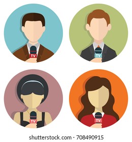 Male and female newsreader avatar icons with a faceless man and woman with microphones. Vector flat illustration isolated on white background. Vector live report concept, live news