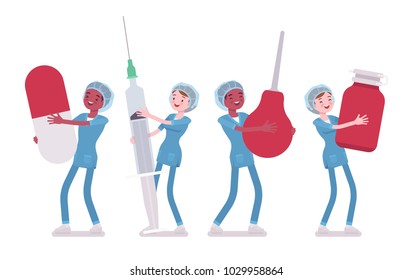 Male, female nurse and big tools. Young workers in hospital uniform holding giant enema, syringe, pill. Medicine, healthcare concept. Vector flat style cartoon illustration isolated, white background