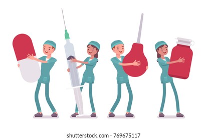 Male and female nurse with big tools. Young workers in hospital holding giant enema, syringe, pill. Medicine and healthcare concept. Vector flat style cartoon illustration isolated on white background