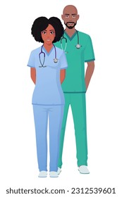 Male And Female Nurse, Doctor Character Standing and Wearing Scrubs Vector