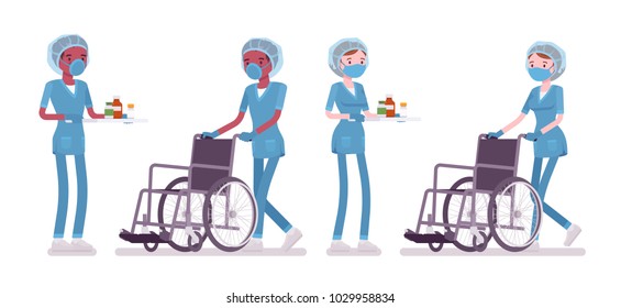 Male, female nurse doing medical procedure. Young workers in hospital uniform on duty in the clinic. Medicine and healthcare concept. Vector flat style cartoon illustration isolated, white background