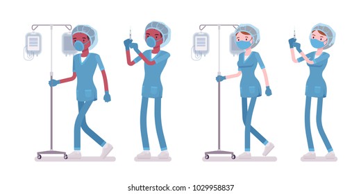 Male, female nurse doing medical procedure with dropper. Young workers in hospital uniform on duty in clinic. Medicine, healthcare. Vector flat style cartoon illustration isolated, white background