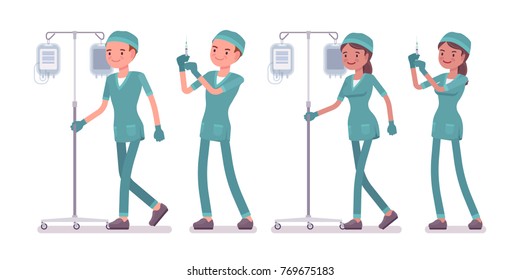 Male and female nurse doing medical procedure. Young workers in hospital uniform on duty in clinic. Medicine and healthcare concept. Vector flat style cartoon illustration isolated on white background