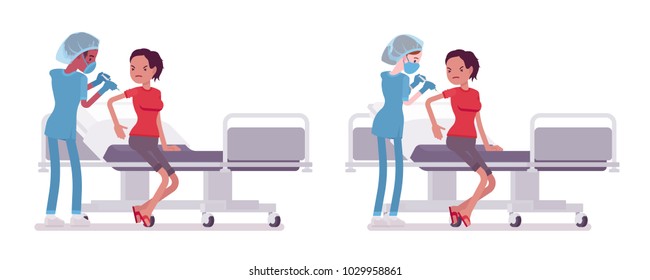 Male, female nurse at medical procedure. Young workers in hospital uniform making injection or operation. Medicine and healthcare. Vector flat style cartoon illustration isolated on white background