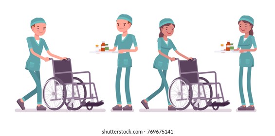 Male and female nurse at medical procedure. Young workers in hospital uniform on duty in the clinic. Medicine and healthcare concept. Vector flat style cartoon illustration isolated, white background