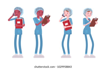 Male and female nurse standing. Young workers in hospital uniform with phone, care-giver with clipboard. Medicine, healthcare concept. Vector flat style cartoon illustration isolated, white background