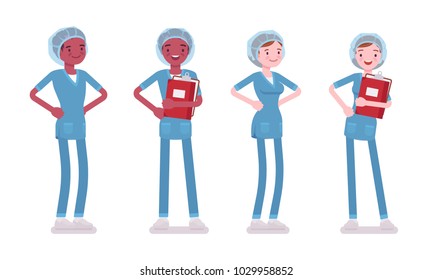 Male, female nurse standing. Young workers in hospital uniform at workplace, care-giver with clipboard. Medicine, healthcare concept. Vector flat style cartoon illustration isolated, white background