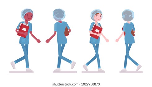 Male, female nurse walking. Young workers in hospital uniform employed in clinic, busy at work. Medicine, healthcare concept. Vector flat style cartoon illustration isolated, white background