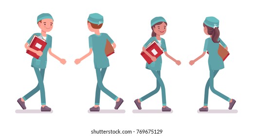 Male And Female Nurse Walking. Young Workers In Hospital Uniform Employed In Clinic. Medicine And Healthcare Concept. Vector Flat Style Cartoon Illustration Isolated On White Background, Front, Rear