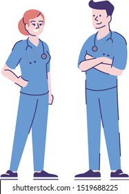 Male and female nurses flat vector characters. Medical caretakers cartoon illustration with outline. Professional caregivers. Doctors, therapists, general practitioners couple isolated on white