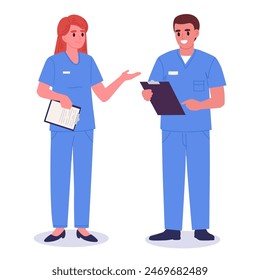 Male and female nurses. Hospital professional staff, nurse couple with clipboards flat vector illustration set. Medical clinic workers