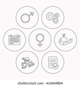 Male, female and octopus icons. Whale linear sign. Check file, calendar and cogwheel icons. Vector