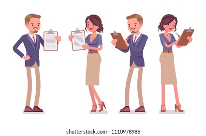 Male and female office secretary with clipboard. Smart man and attractive woman in elegant wear, assisting in paper work. Business workwear trend, city fashion. Vector flat style cartoon illustration