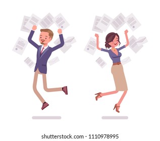 Male and female office secretary happy throwing papers. Smart man and attractive woman in elegant wear, assisting in paper work. Business workwear trend. Vector flat style cartoon illustration