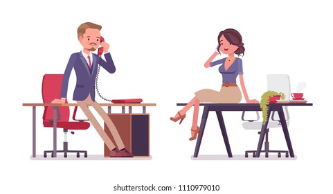 Male and female office secretary phone talking. Smart man and attractive woman in elegant wear, assisting in paper work. Business workwear trend, city fashion. Vector flat style cartoon illustration