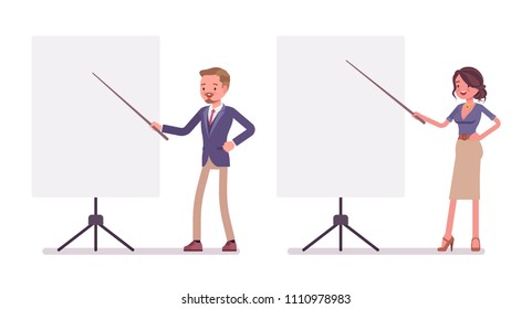 Male and female office secretary. Smart man and attractive woman in elegant wear, assisting in presentation at white board. Business workwear trend and fashion. Vector flat style cartoon illustration