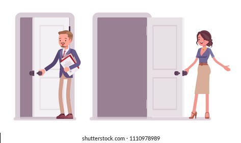 Male And Female Office Secretary. Smart Man And Attractive Woman In Elegant Wear, Opening A Door, Meeting People. Business Workwear Trend And City Fashion. Vector Flat Style Cartoon Illustration