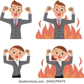 Male and female office workers doing their best in front of the flames