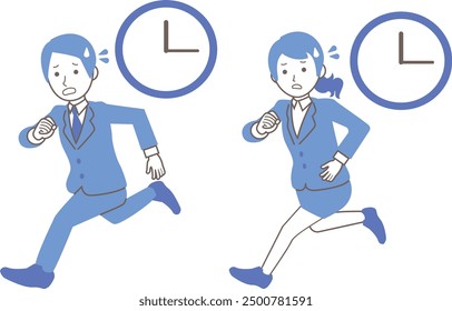 Male and female office workers looking at the clock and running in a hurry