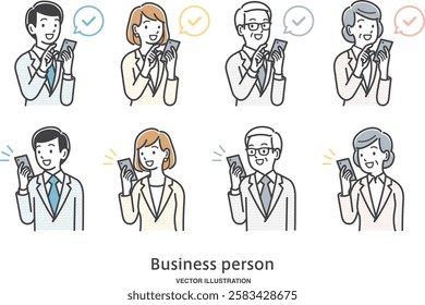 Male and female office workers operating smartphones