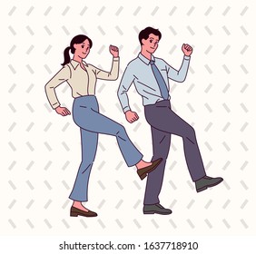 Male   female office workers pose the same humorous pose  hand drawn style vector design illustrations  