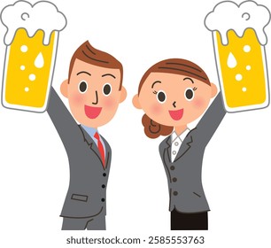 Male and female office workers toasting with beer mugs