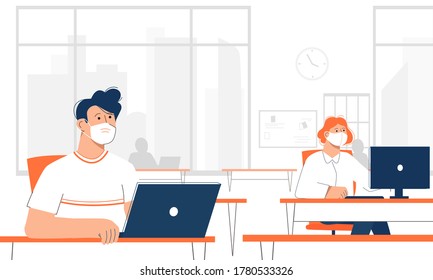 Male and female office workers wearing face mask and keeping distances between their workplaces. Back to office after quarantine lockdown. New normal rules.