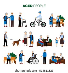 Male and female old age people in different sitiations set on white background flat isolated vector illustration