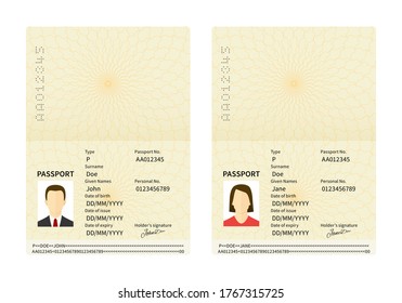 Male and female open passports. Vector identity document. Id with person photo and text. Personal information and pictures of man and woman in flat style