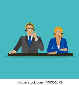 Male and female operators in call center concept vector banner. Customer service and support company office. Man and woman with headset.