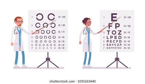 Male and female ophthalmology doctor. People in hospital uniform standing near eye test chart. Medicine and healthcare concept. Vector flat style cartoon illustration isolated on white background