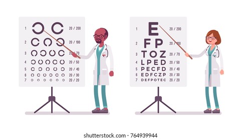 Male And Female Ophthalmology Doctor. People In Hospital Uniform Standing Near Eye Test Chart. Medicine And Healthcare Concept. Vector Flat Style Cartoon Illustration Isolated On White Background