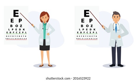 Male And Female Ophthalmology Doctor Are Pointing To Eye Test Chart.checkup Visual Acuity.Eyes Test Concept. Flat Vector Cartoon Character Illustration.