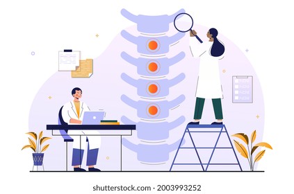 Male and female osteopaths are examining spine bones. Two doctors are treating injury or pain in back. Concept of osteopathy treatment and diagnosis. Flat cartoon vector illustration