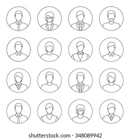 Male and female outline faces avatars. Line art style vector icons set