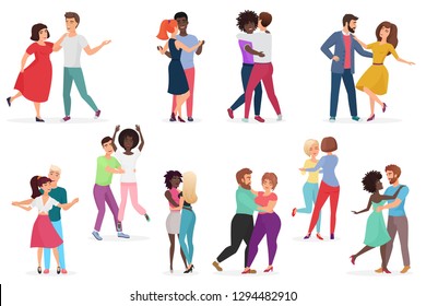 Male and female pairs of dancers. Men and women couple performing dance at school, studio. Group of young happy dancing people. People dance party vector illustration.