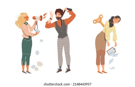 Male and Female with Paper Document as Stressed out Office Employee Feeling Deadline Vector Illustration Set