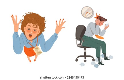 Male and Female with Paper Document as Stressed out Office Employee Feeling Deadline Vector Illustration Set