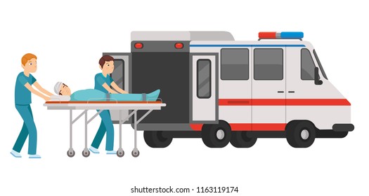 Male and female paramedic enter the patient into the ambulance