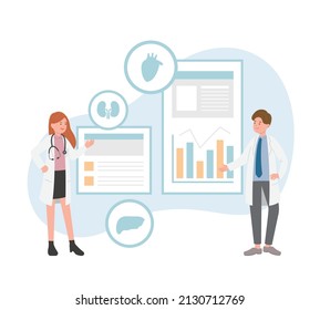Male or female of paramedic or medical specialist or scientist pointing at presentation board, chart icons, vector set of abstract graphic elements, data statistics, infographics, analytical tools
