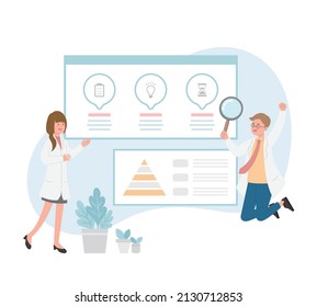 Male or female of paramedic or medical specialist or scientist pointing at presentation board, chart icons, vector set of abstract graphic elements, data statistics, infographics, analytical tools