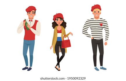 Male and Female Parisian Characters Wearing Red Beret Vector Illustration Set