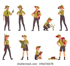 Male and Female as Park Ranger or Forest Rangers Protecting and Preserving National Parklands Vector Set