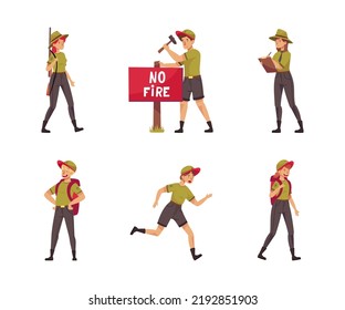 Male And Female As Park Ranger Or Forest Rangers Protecting And Preserving National Parklands Vector Set