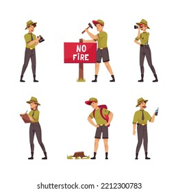 Male and Female as Park Ranger or Forest Rangers Protecting and Preserving National Parklands Vector Set