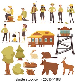 Male And Female Park Rangers And Forest Guards In Uniform, Vector Clipart Isolated. Wood Cabin, Fire Lookout Tower, Trees And Forest Animals Such As Beaver, Bear And Deer. Cartoon Illustration.