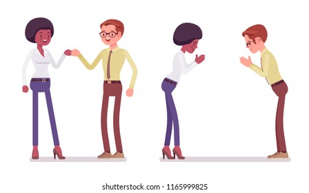 Male and female partners greeting. Black woman, white man, fist bump and namaste gesture. Business manners and etiquette concept. Vector flat style cartoon illustration isolated on white background