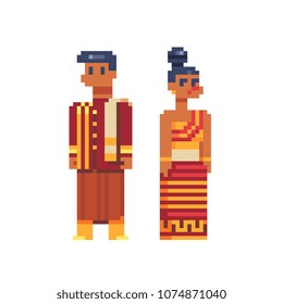 Male and female people characters in traditional Thai clothes, man and woman of Thailand in national dress pixel art icon,  isolated vector illustration. 8-bit. Design for stickers, logo, mobile app.